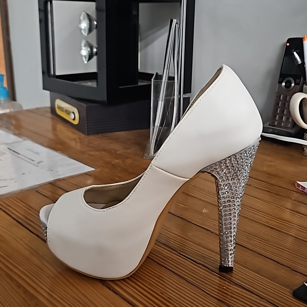 White Open-Toe High Heel Pumps with Crystal-Studded Heel - Picture 9 of 12